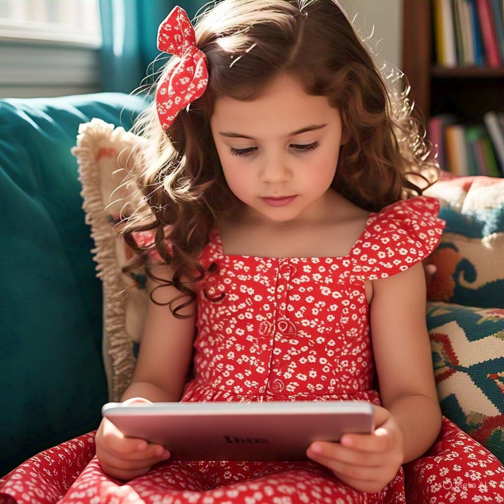 LittleGirlInRedDressReadingEbookInTablet LittleGirlInRedDressReadingEbookInTablet