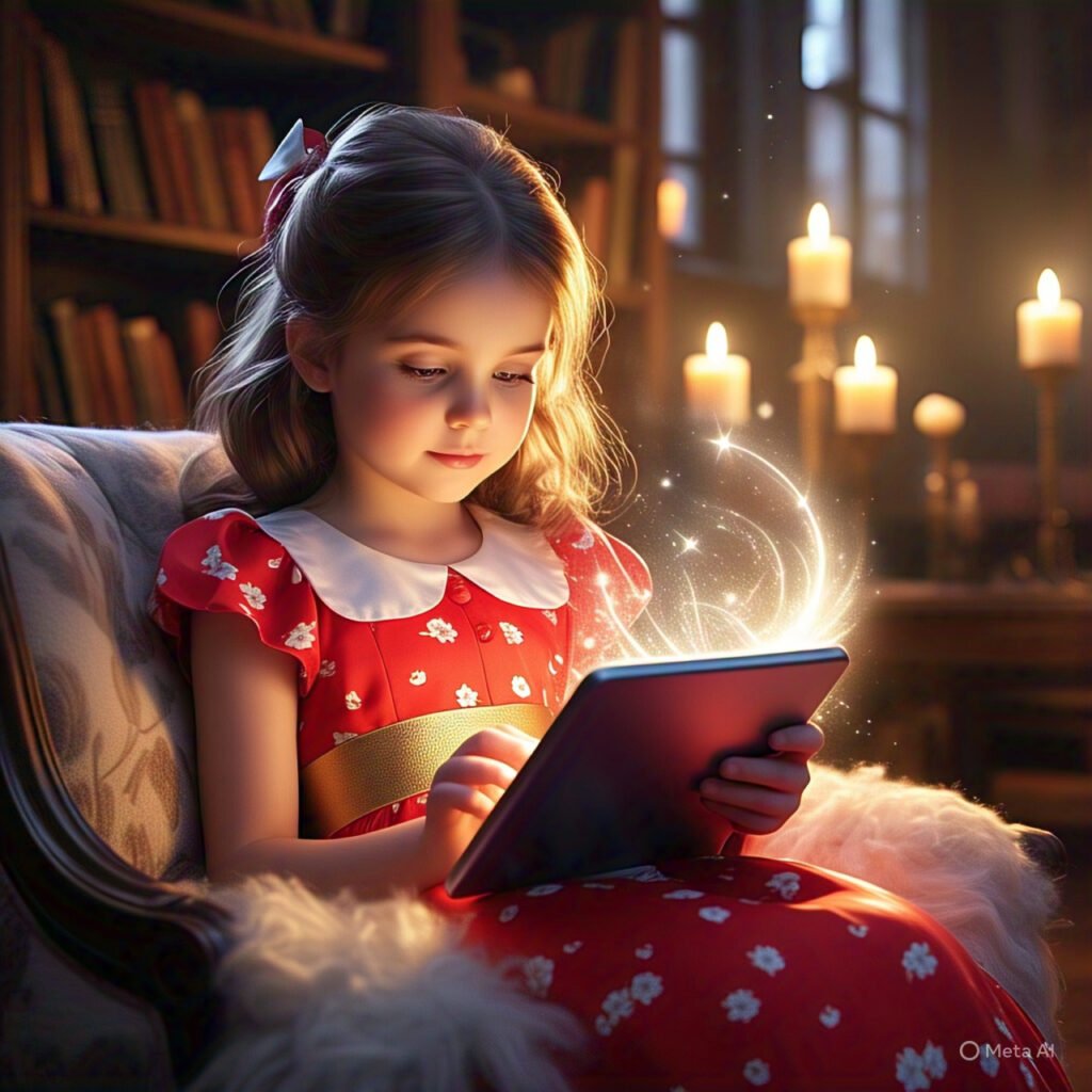 LittleGirlInRedDressReadingEbookInTablet2